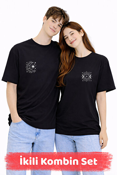 FANA مجموعة تي شيرت للزوجين مطبوعة باللون الأسود من Moon Star، تي شيرت قطني ك...