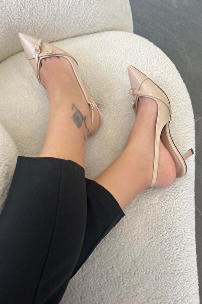 Parponi Evelyn Δερμάτινο στιλέτο με ανοιχτή πλάτη και αγκράφα, μπεζ