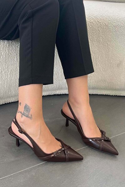 Parponi Evelyn Δερμάτινο Στιλέτο με Ανοιχτή Πόρπη στην Πλάτη, Καφέ