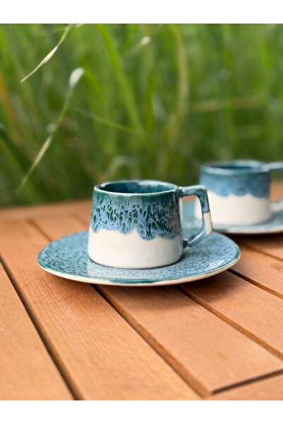 Nart Stoneware El Yapımı Tasarım Kahve Fincanı 100 ml (Mavi & Beyaz)