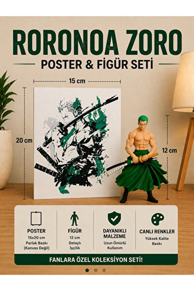 FigurBende Roronoa Zoro Poster & Figür Seti 15x20 cm Poster + 12 cm Figür Ani...