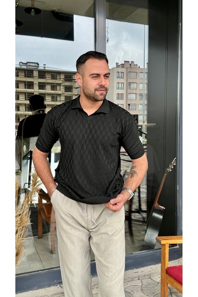MODA Siyah Desenli Polo Yaka Triko Erkek Tişört