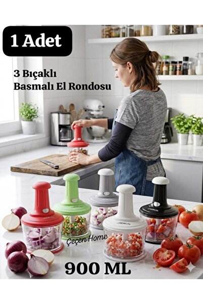 ÇEÇEN HOME Paslanmaz Çelik 3 Bıçaklı Basmalı El Rondosu Bas-Kes Doğrayıcı Pra...