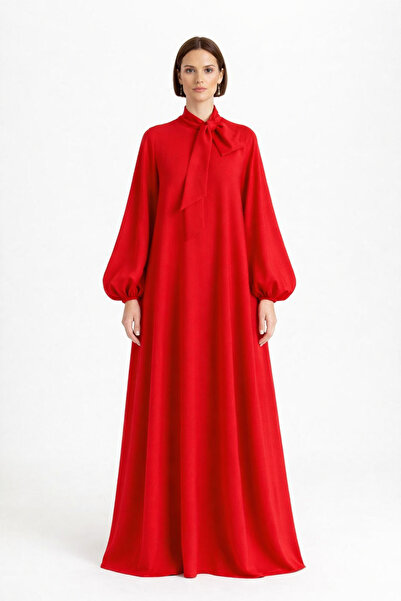 UNTIMELY A-Line Loose-Fit Red Crepe Dress with Belted Neckline Detail