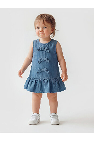LC Waikiki Nevavm Baby Girl Jean Dress with Bow and Difference in Color