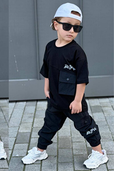 NOBLEKIDS Boy's Parachute Fabric Pants and Cotton T-Shirt Set Black