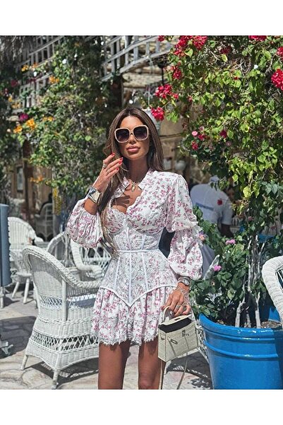 LOKADI Μίνι φόρεμα με λουλουδάτο σχέδιο και λεπτομέρεια κορσέ - Καλοκαιρινό φ...