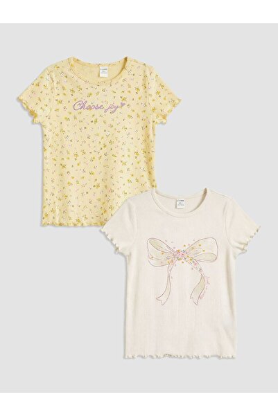 LC Waikiki Tricou pentru fete cu imprimeu LCW Kids, cu gât rotund, pachet de 2