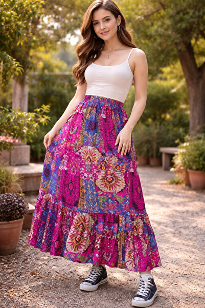 hoaryage Elastic Waist 3-Layer Ruffled Viscose Fabric Skirt, Mevlana Long Cot...