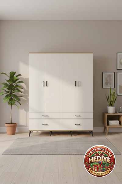 mobihobi Silva Gardırop 10 Raflı 4 Çekmeceli 4 Kapaklı 176x30x221 Çam-Aytaşı