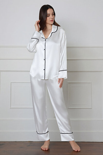 Pearlune Women's Ecru Satin Long Sleeve Pajama Set - Two-Piece Set with Black...