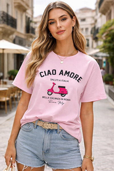 SANTAMİLA Pink Ciao Amore Printed Oversize Tshirt