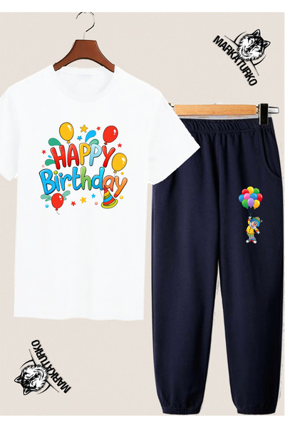 MarkaTurko تيشيرت أبيض بتصميم خاص من HAPPY BIRTHDAY - مجموعة ملابس رياضية بال...