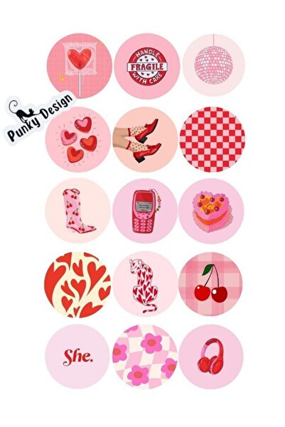 Punky Store Cute Pembe Rozet Seti 15’li 44 mm Çanta ve Yaka Rozeti