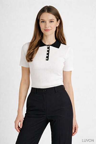 LUVON Λευκό κοντομάνικο πουλόβερ με λαιμόκοψη πόλο και κουμπιά, λεπτό γυναικε...