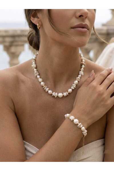 sidelyajewelry Doğal Taşlı İncili Kolye Bileklik Set