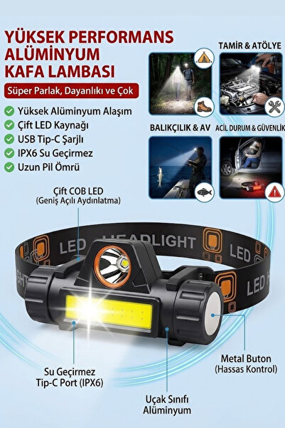 Ouptec Şarjlı LED Kafa Lambası USB Güçlü Işıklı Su Geçirmez Kamp Balıkçı Kafa...