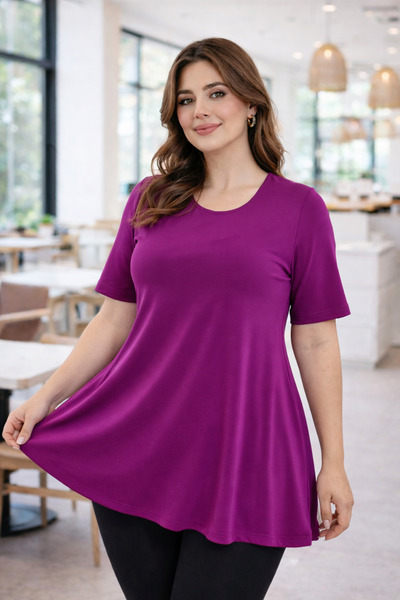 IŞILTI Women's Crew Neck Short Sleeve Loose Relaxed Fit Stretchy Flowy Fuchsi...