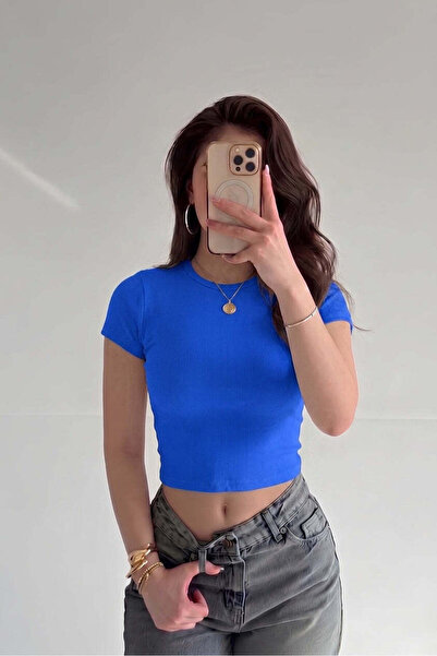 VACHT Women's Saks Blue Crew Neck Short Sleeve Ribbed Camisole Crop Blouse