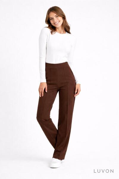 LUVON Καφέ ψηλόμεσο γυναικείο παντελόνι παλάτσο με τσέπες
