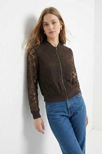 Rays Καφέ δαντελωτό μπουφάν με φερμουάρ 23009