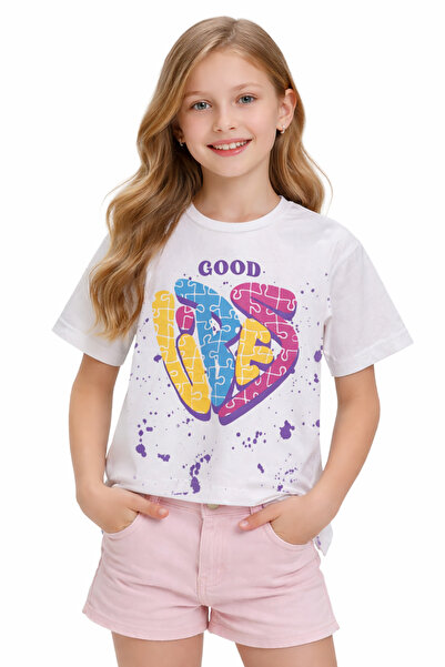 İrem Çocuk Giyim Girl's Good Vibes Text Patterned Ecru Color Short Sleeve T-S...