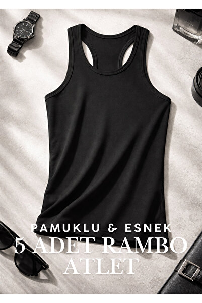 QKK Men's 5-Pack Black Lycra Cotton Rambo Undershirts - Sportsman Cut Premium...