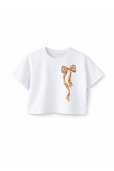 Neva Baby Boutique Leopard Bow Girls' White Cotton Crew Neck Oversize Off-Sho...