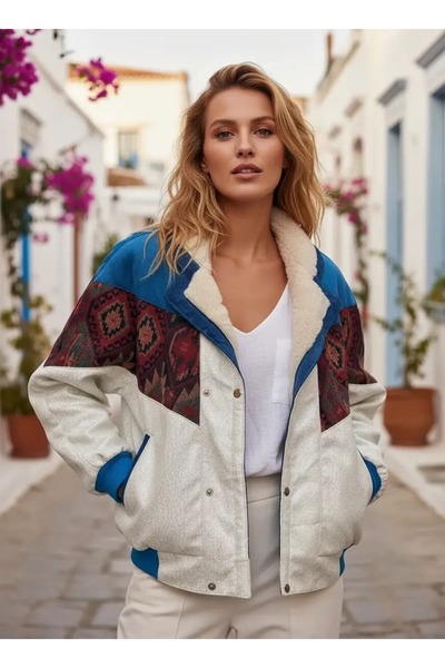 CANMODA (7913) Recien Unisex Γιακάς από γούνα Vintage Αζτέκικο Μπουφάν Oversi...