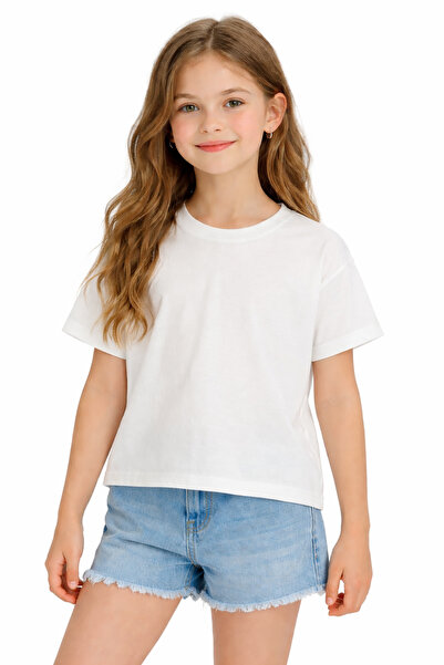 İrem Çocuk Giyim Girl's Plain Patternless Ecru Color Short Sleeve T-Shirt