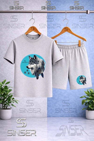SS SİNSER Children's Wolf Gray Turquoise Canvas Printed Crew Neck T-Shirt - S...