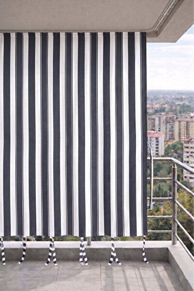 DEVRİM OLİVYA TEKSTİL Ανθρακί-λευκή κουρτίνα μπαλκονιού με κορνίζα και κορδόν...