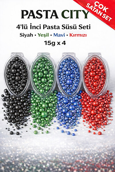 pastacity Pasta City 4’lü İnci Pasta Süsü Seti Siyah Yeşil Mavi Kırmızı 15g x...