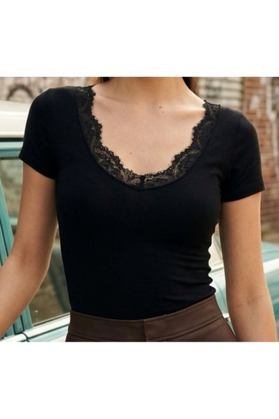 ONLİO GİYİM Women's Black Lace Detailed V-Neck Flexible Short Sleeve Summer Viscose Blouse
