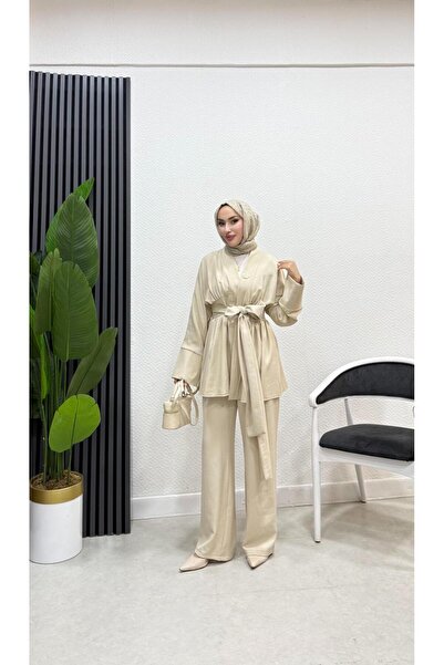moda crn Broş Detaylı İkili Tesettür Kimono Takım