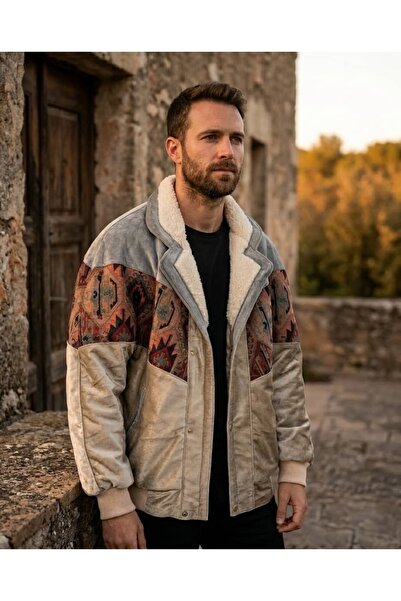 CANMODA (7929) Recien Unisex Γιακάς από γούνα Vintage Αζτέκικο Μπουφάν Oversi...