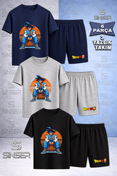 SS SİNSER Children's Goku Sitting on the Moon Orange Printed Crew Neck 3-Piec...
