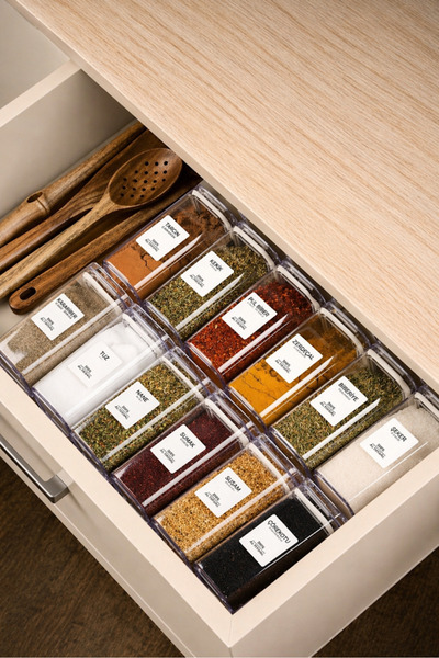 evolis kitchen Set of 12 Acrylic Vacuum Square Spice Containers with Labels, 350 ml Spice Container Set with Leak-Proof Lids