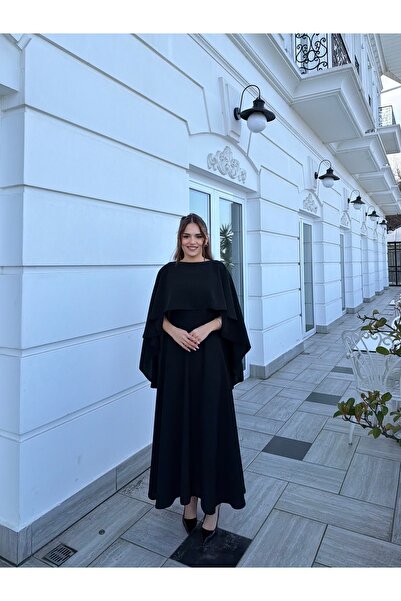 ASLIHANGÜNER Kadın Pelerin Detaylı Siyah Krep Abiye Mira Elbise Mezuniyet ve ...