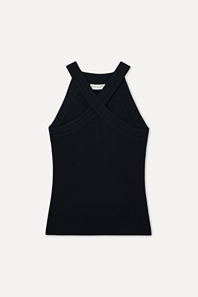 Mudo Women's Black Fitted Sleeveless Cross-Neck Knitwear Blouse