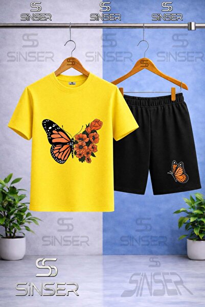 SS SİNSER تي شيرت للأطفال برقبة دائرية مطبوع عليه BUTTRFLY ORANGE WING FLOWER...