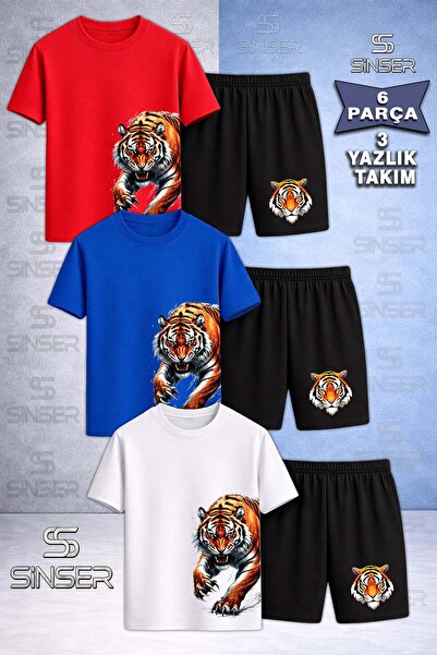 SS SİNSER Children's Tiger Side Claw Printed Crew Neck 3-Piece T-Shirt - Shor...
