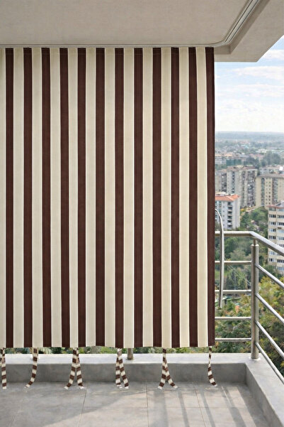 DEVRİM OLİVYA TEKSTİL Καφέ-κρεμ ομορφιάστικη κουρτίνα μπαλκονιού με κορνίζα κ...