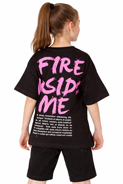İrem Çocuk Giyim Girl's Oversize Black T-Shirt with'Me' on the Front and'Fire...