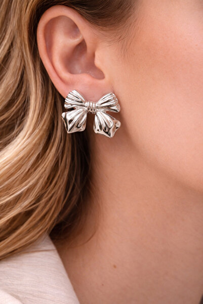 Lilith Takı Silver Color Big Bow Earrings – Stylish and Modern Design