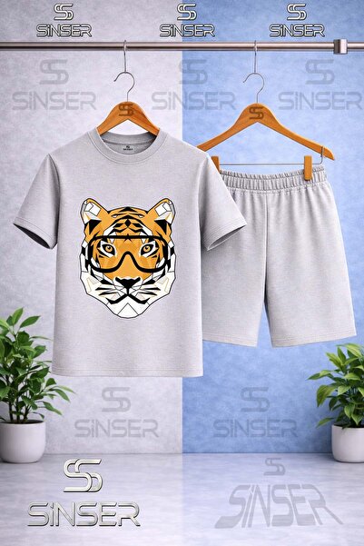 SS SİNSER Children's Tiger Head with Glasses Printed Crew Neck T-Shirt - Shor...
