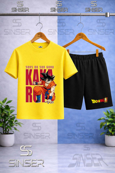 SS SİNSER تي شيرت للأطفال بطبعة GOKU ARKA WRITTEN FIST وياقة دائرية - طقم شورت