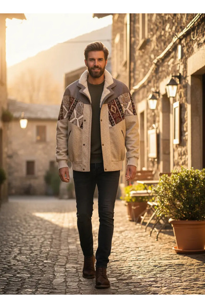 CANMODA (7951) Recien Unisex Γιακάς από γούνα Vintage Αζτέκικο Μπουφάν Oversi...