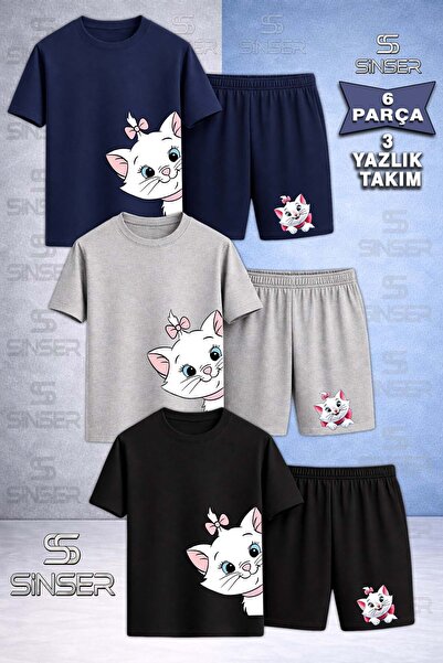 SS SİNSER Children's Cat Head with Ribbon Printed Crew Neck 3-Piece T-Shirt -...