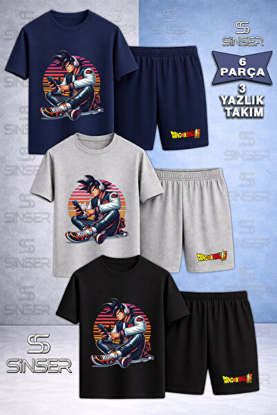 SS SİNSER Children's Goku Phone Headset Sitting Printed Crew Neck 3-Piece T-S...